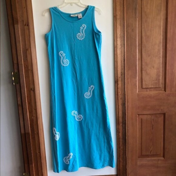 SUSAN BRISTOL Beaded Seahorse Turquoise Sleeveless Maxi Dress Vintage M - Picture 3 of 15